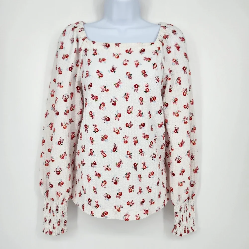 LOFT Women Ditzy Floral Romantic Regency Boho Top Size M Square Neck Puff Sleeve
